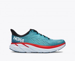 Turquoise / Red HOKA Clifton 8 Men's Running Shoes | 04LSACXGU