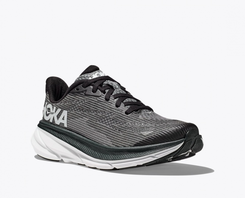 Black / White HOKA Clifton 9 Kids' Running Shoes | 45RAWEIFS