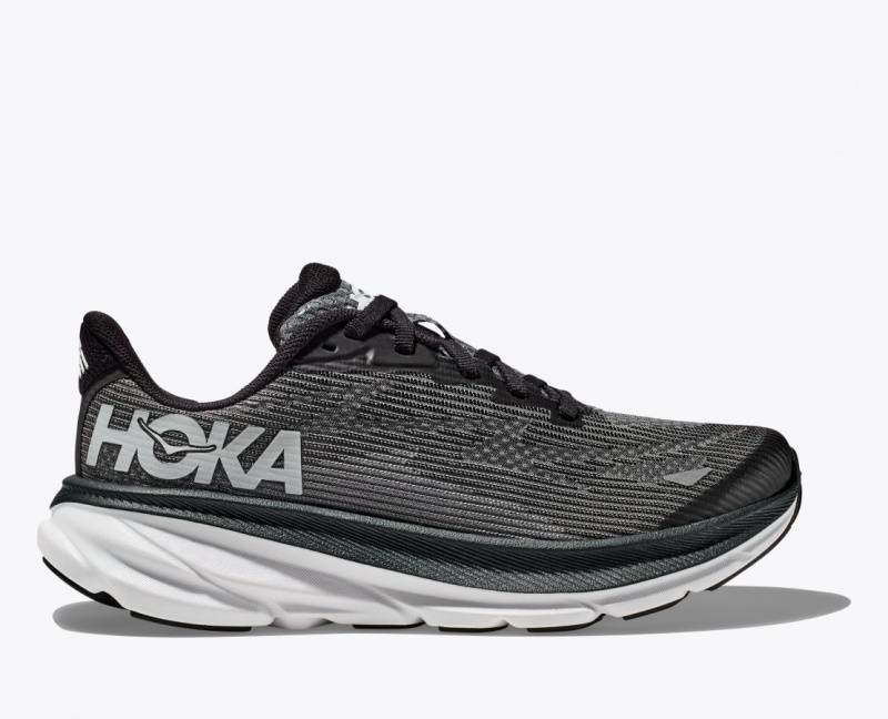 Black / White HOKA Clifton 9 Kids\' Running Shoes | 45RAWEIFS