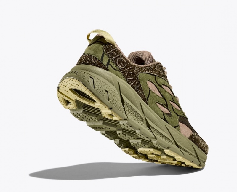 Green / Beige HOKA Elite Terrain System Clifton L Suede Men's Sneakers | 98YBEUGCF