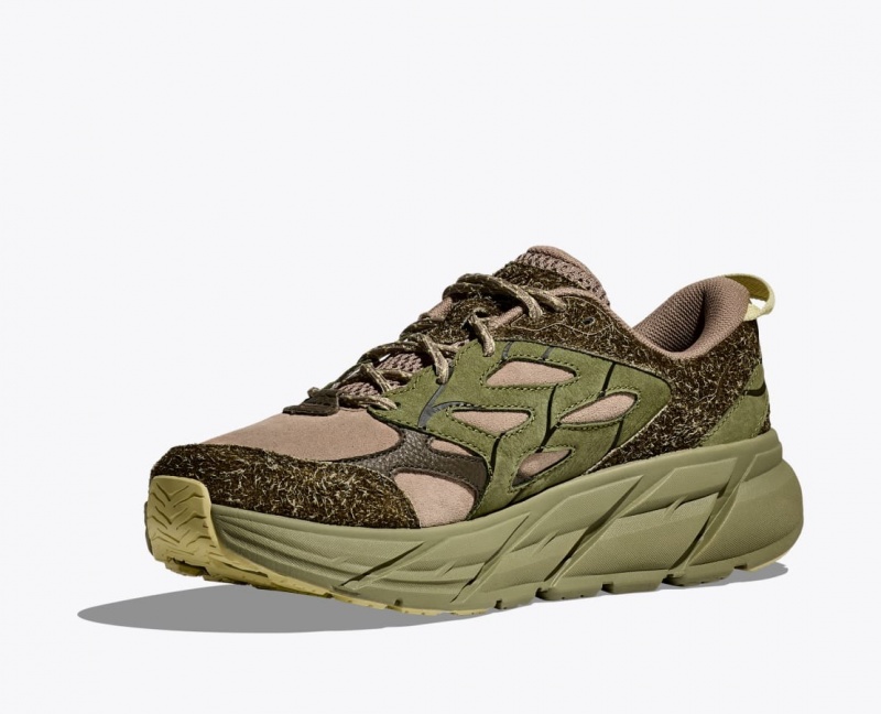 Green / Dark Brown HOKA Elite Terrain System Clifton L Suede Women's Sneakers | 53GAREUPZ