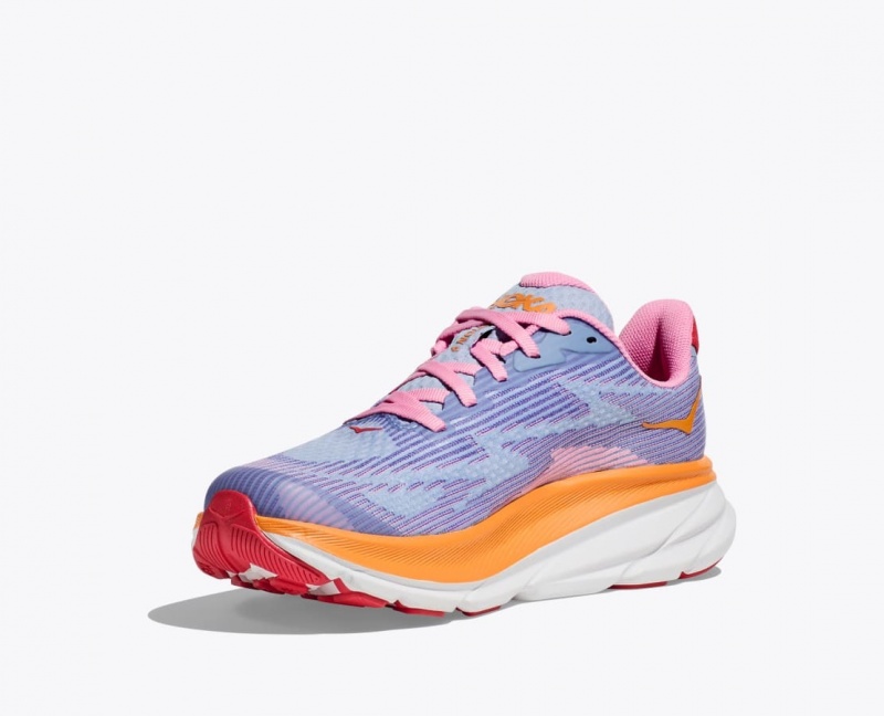 Light Purple / Orange / Pink HOKA Clifton 9 Kids' Running Shoes | 45IOLJSYT