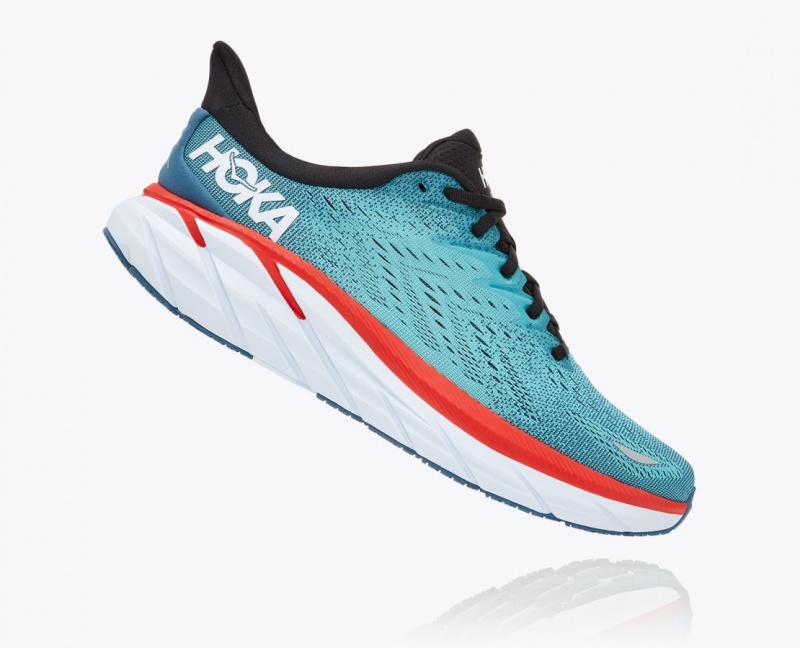 Turquoise / Red HOKA Clifton 8 Men's Running Shoes | 04LSACXGU