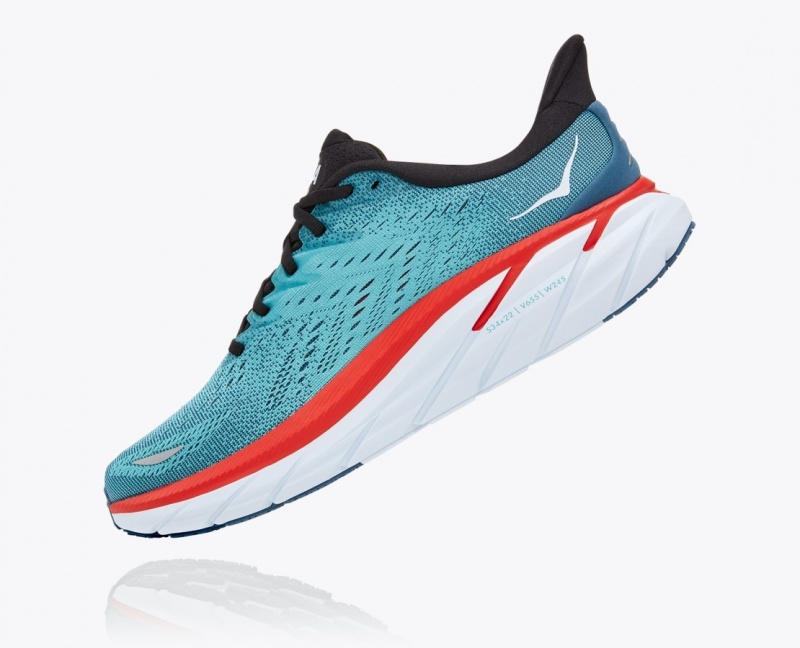 Turquoise / Red HOKA Clifton 8 Men's Running Shoes | 04LSACXGU