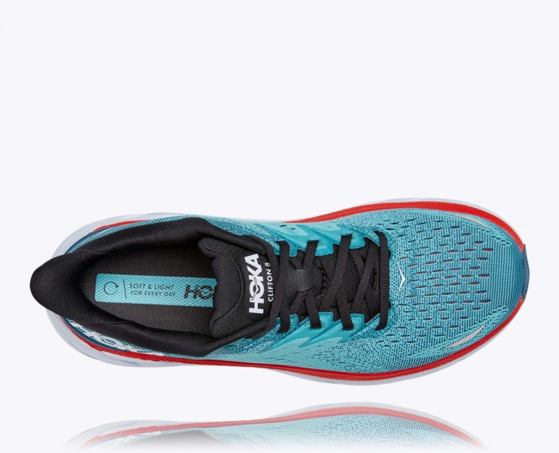 Turquoise / Red HOKA Clifton 8 Men's Running Shoes | 04LSACXGU